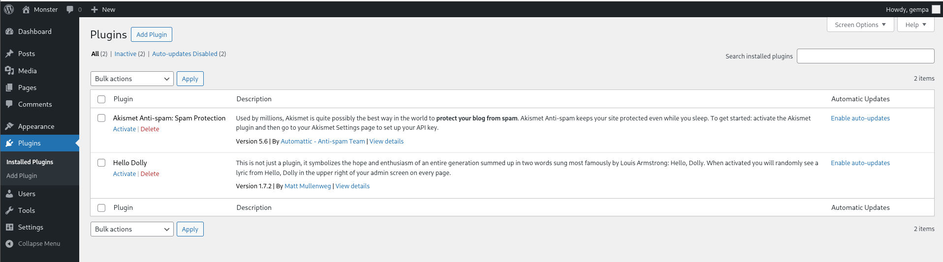 WordPress plugins page