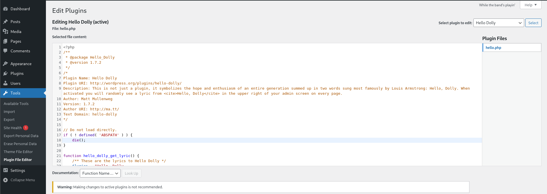 Selecting Hello Dolly in the plugin file editor